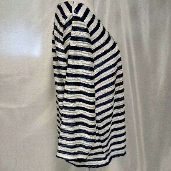 Cathy Daniels Blue White Striped Sheer Tulle Detail Scoop Neck Long Sleeve Top - Picture 3 of 8
